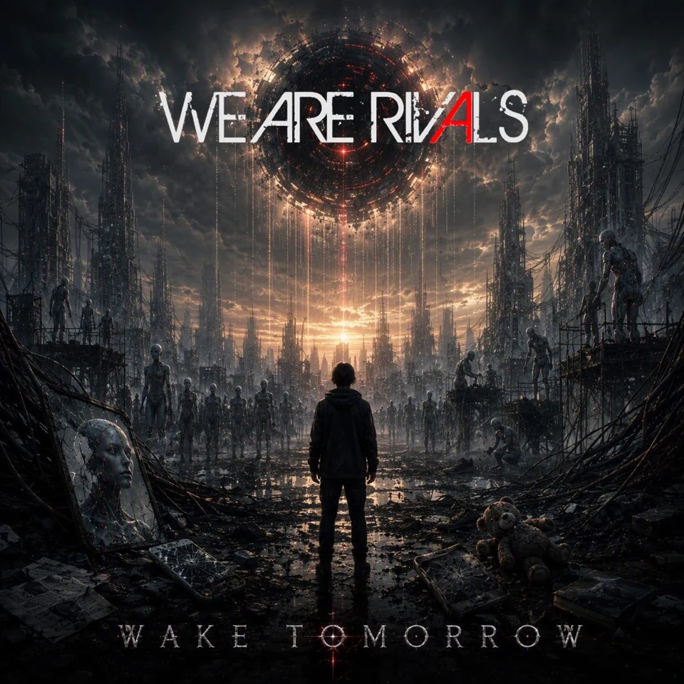 Wake Tomorrow cover artwork: a human figure among humanoid machines in a dark futuristic landscape, with the band name above and song title below.